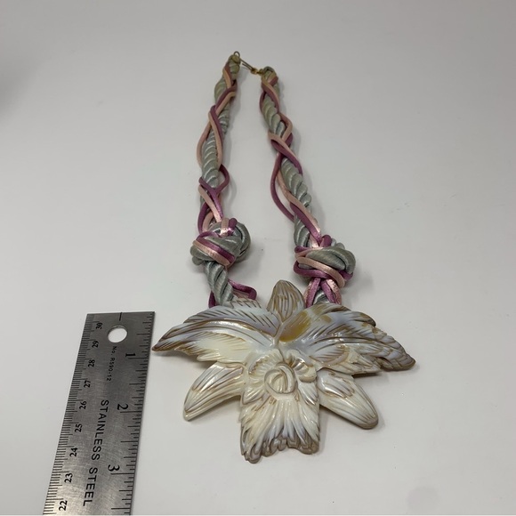 Pink and Light Blue Fabric Braided Necklace Genuine Shell Floral Pendant - Picture 10 of 12